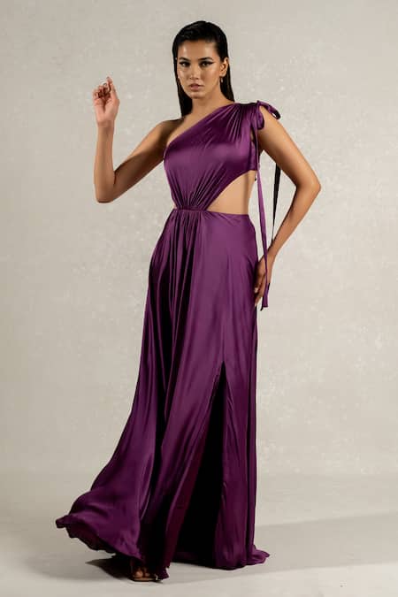 Pinup By Astha_Purple Satin, Georgette Asymmetric Side Cut One Shoulder Gown _at_Aza_Fashions