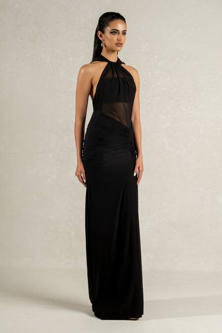 Pinup By Astha Black Lycra, Tulle Halter Neck Tie-up Detachable Hood Gown Online at Aza Fashions Pinup By Astha_Black Lycra, Tulle Halter Neck Tie-up Detachable Hood Gown _Online_at_Aza_Fashions