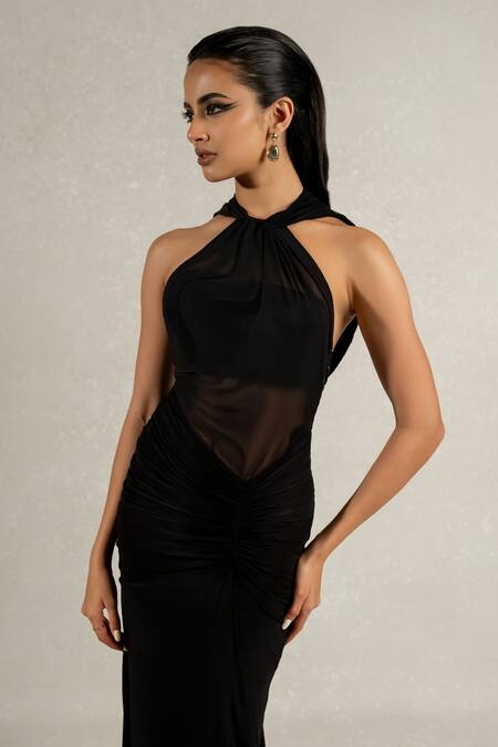 Buy Pinup By Astha Black Lycra, Tulle Halter Neck Tie-up Detachable Hood Gown Online at Aza Fashions Buy_Pinup By Astha_Black Lycra, Tulle Halter Neck Tie-up Detachable Hood Gown _Online_at_Aza_Fashions
