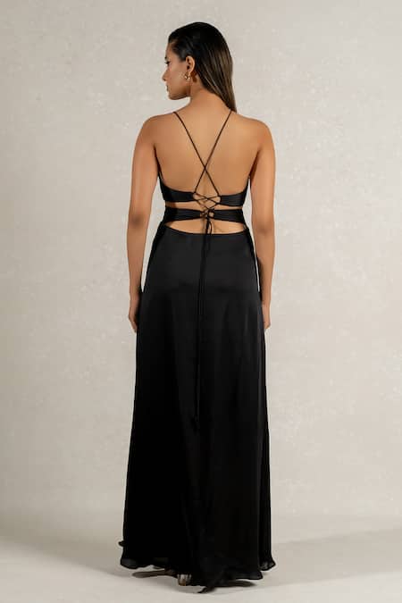 Shop Pinup By Astha Black Satin, Georgette V-neck Hand Pleated High Slit Gown at Aza Fashions Shop_Pinup By Astha_Black Satin, Georgette V-neck Hand Pleated High Slit Gown _at_Aza_Fashions