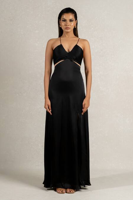 Pinup By Astha Black Satin, Georgette V-neck Hand Pleated High Slit Gown Online at Aza Fashions Pinup By Astha_Black Satin, Georgette V-neck Hand Pleated High Slit Gown _Online_at_Aza_Fashions