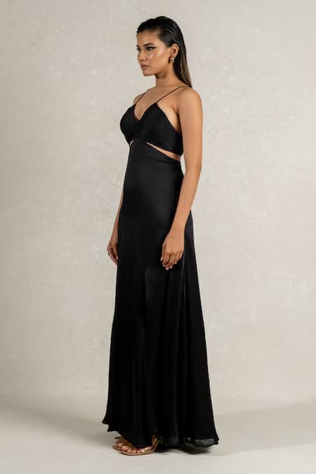 Buy Pinup By Astha Black Satin, Georgette V-neck Hand Pleated High Slit Gown Online at Aza Fashions Buy_Pinup By Astha_Black Satin, Georgette V-neck Hand Pleated High Slit Gown _Online_at_Aza_Fashions
