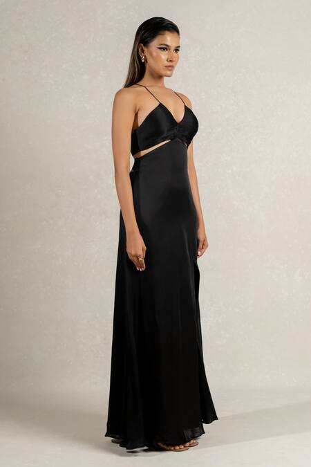 Shop Pinup By Astha Black Satin, Georgette V-neck Hand Pleated High Slit Gown Online at Aza Fashions Shop_Pinup By Astha_Black Satin, Georgette V-neck Hand Pleated High Slit Gown _Online_at_Aza_Fashions