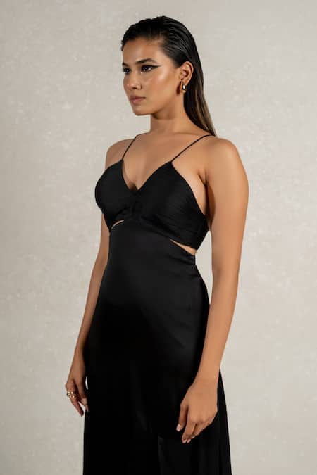 Pinup By Astha Black Satin, Georgette V-neck Hand Pleated High Slit Gown at Aza Fashions Pinup By Astha_Black Satin, Georgette V-neck Hand Pleated High Slit Gown _at_Aza_Fashions