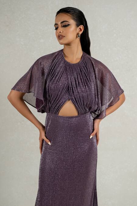 Pinup By Astha Purple Silk Round Neck Metallic Backless Detachable Hood Gown Online at Aza Fashions Pinup By Astha_Purple Silk Round Neck Metallic Backless Detachable Hood Gown _Online_at_Aza_Fashions