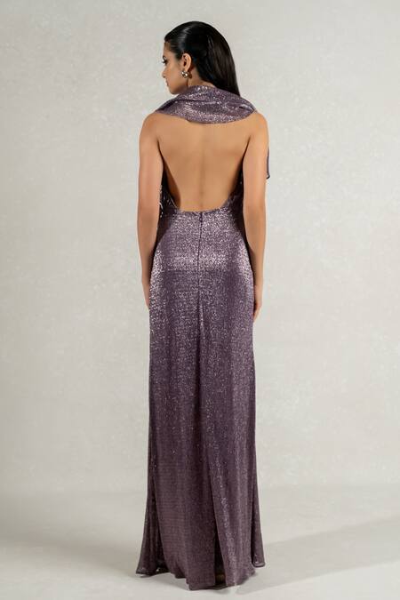 Shop Pinup By Astha Purple Silk Round Neck Metallic Backless Detachable Hood Gown Online at Aza Fashions Shop_Pinup By Astha_Purple Silk Round Neck Metallic Backless Detachable Hood Gown _Online_at_Aza_Fashions