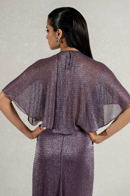 Pinup By Astha Purple Silk Round Neck Metallic Backless Detachable Hood Gown at Aza Fashions Pinup By Astha_Purple Silk Round Neck Metallic Backless Detachable Hood Gown _at_Aza_Fashions