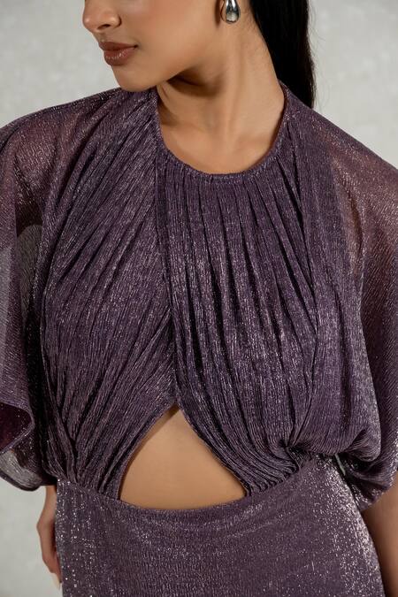 Buy Pinup By Astha Purple Silk Round Neck Metallic Backless Detachable Hood Gown Buy_Pinup By Astha_Purple Silk Round Neck Metallic Backless Detachable Hood Gown