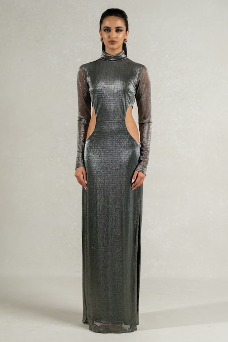Buy_Pinup By Astha_Green Lycra High Neck Metallic Side Moon Cut Gown _Online_at_Aza_Fashions