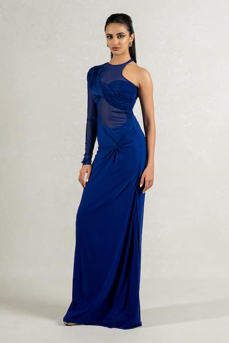 Pinup By Astha_Blue Maheshwari, Lycra Round Neck Hand Pleated Sheer Draped Gown _Online_at_Aza_Fashions