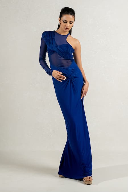 Buy_Pinup By Astha_Blue Maheshwari, Lycra Round Neck Hand Pleated Sheer Draped Gown _Online_at_Aza_Fashions