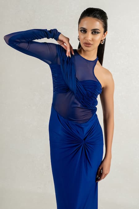 Shop_Pinup By Astha_Blue Maheshwari, Lycra Round Neck Hand Pleated Sheer Draped Gown _Online_at_Aza_Fashions