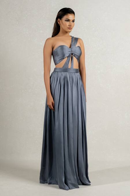 Pinup By Astha_Grey Satin, Georgette Sweetheart Neck Hand Pleated High Slit Gown _Online_at_Aza_Fashions
