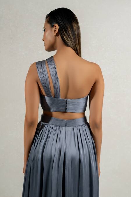 Buy_Pinup By Astha_Grey Satin, Georgette Sweetheart Neck Hand Pleated High Slit Gown _Online_at_Aza_Fashions