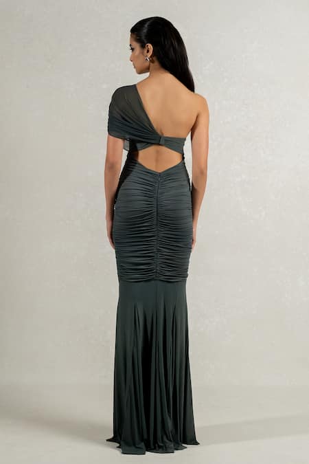 Shop_Pinup By Astha_Green Lycra, Tulle Asymmetric Gathered Waist Cut Gown _at_Aza_Fashions