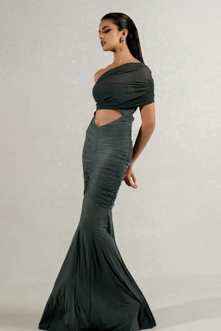 Pinup By Astha_Green Lycra, Tulle Asymmetric Gathered Waist Cut Gown _Online_at_Aza_Fashions