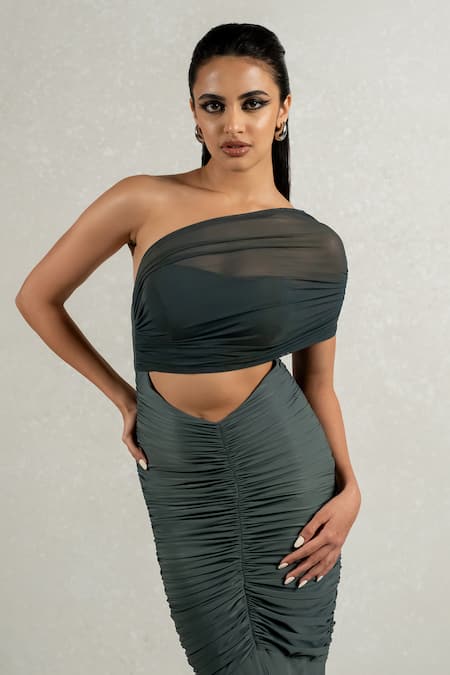Buy_Pinup By Astha_Green Lycra, Tulle Asymmetric Gathered Waist Cut Gown _Online_at_Aza_Fashions