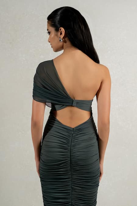 Shop_Pinup By Astha_Green Lycra, Tulle Asymmetric Gathered Waist Cut Gown _Online_at_Aza_Fashions