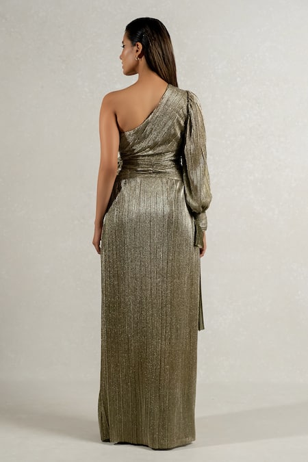 Shop Pinup By Astha Gold Lycra Asymmetric One Shoulder Tie-up Draped Gown at Aza Fashions Shop_Pinup By Astha_Gold Lycra Asymmetric One Shoulder Tie-up Draped Gown _at_Aza_Fashions
