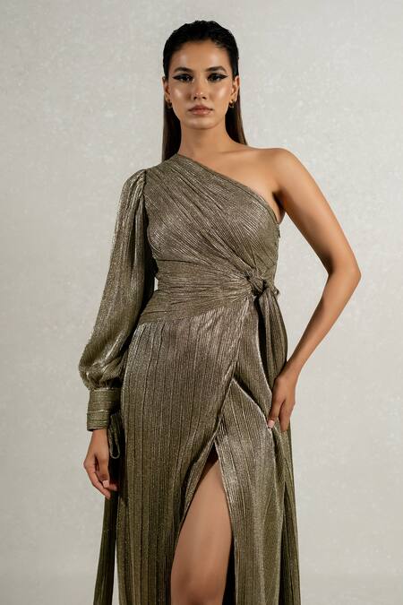 Buy Pinup By Astha Gold Lycra Asymmetric One Shoulder Tie-up Draped Gown Online at Aza Fashions Buy_Pinup By Astha_Gold Lycra Asymmetric One Shoulder Tie-up Draped Gown _Online_at_Aza_Fashions