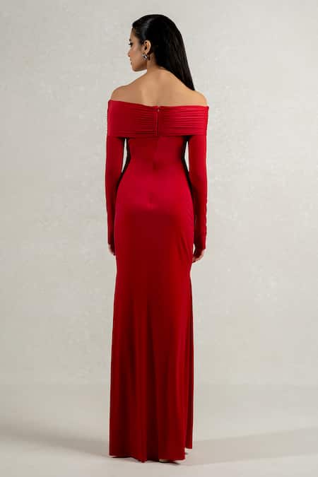 Shop Pinup By Astha Red Lycra Off-shoulder Off Drapped Gown at Aza Fashions Shop_Pinup By Astha_Red Lycra Off-shoulder Off Drapped Gown _at_Aza_Fashions