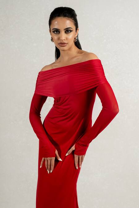 Pinup By Astha Red Lycra Off-shoulder Off Drapped Gown Online at Aza Fashions Pinup By Astha_Red Lycra Off-shoulder Off Drapped Gown _Online_at_Aza_Fashions