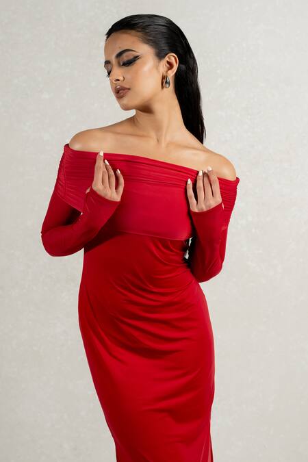Buy Pinup By Astha Red Lycra Off-shoulder Off Drapped Gown Online at Aza Fashions Buy_Pinup By Astha_Red Lycra Off-shoulder Off Drapped Gown _Online_at_Aza_Fashions