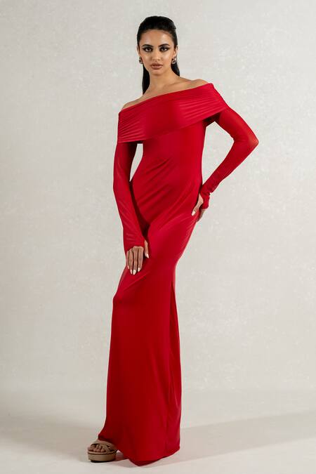 Shop Pinup By Astha Red Lycra Off-shoulder Off Drapped Gown Online at Aza Fashions Shop_Pinup By Astha_Red Lycra Off-shoulder Off Drapped Gown _Online_at_Aza_Fashions