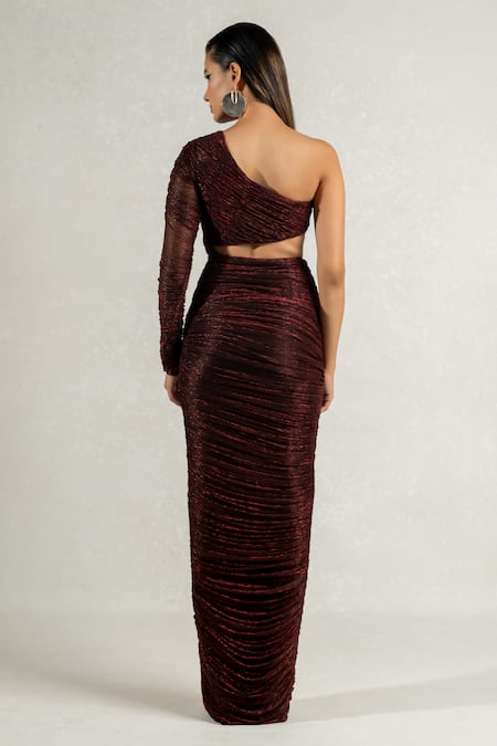 Pinup By Astha Metallic One Sleeve Pleated Gown 