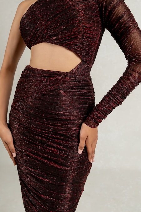 Shop Pinup By Astha Red Silk Asymmetric Metallic One Sleeve Pleated Gown Online at Aza Fashions Shop_Pinup By Astha_Red Silk Asymmetric Metallic One Sleeve Pleated Gown _Online_at_Aza_Fashions