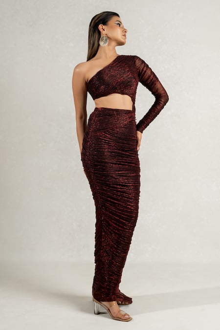 Pinup By Astha Red Silk Asymmetric Metallic One Sleeve Pleated Gown at Aza Fashions Pinup By Astha_Red Silk Asymmetric Metallic One Sleeve Pleated Gown _at_Aza_Fashions
