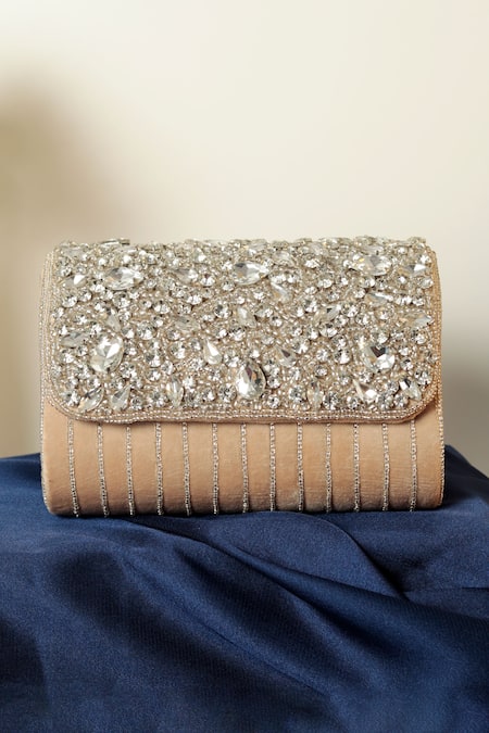 THE TAN CLAN Beige Crystals Grace Encrusted Flap Clutch Bag