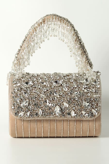 Shop The Tan Clan Beige Crystals Grace Encrusted Flap Clutch Bag at Aza Fashions Shop_The Tan Clan_Beige Crystals Grace Encrusted Flap Clutch Bag _at_Aza_Fashions