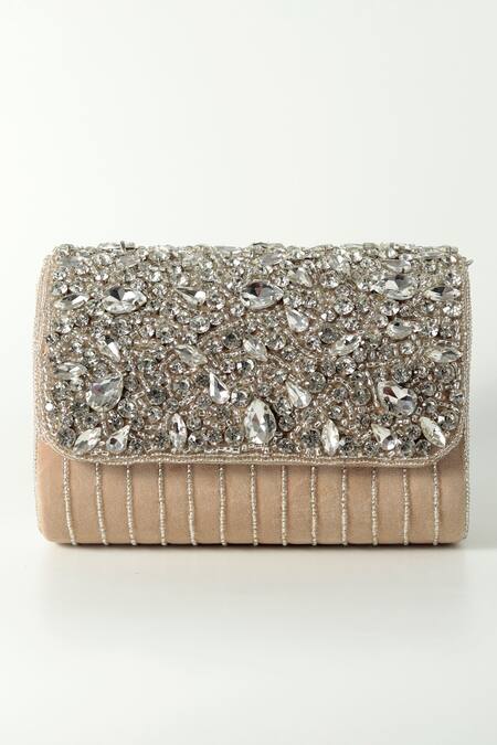 The Tan Clan Beige Crystals Grace Encrusted Flap Clutch Bag Online at Aza Fashions The Tan Clan_Beige Crystals Grace Encrusted Flap Clutch Bag _Online_at_Aza_Fashions