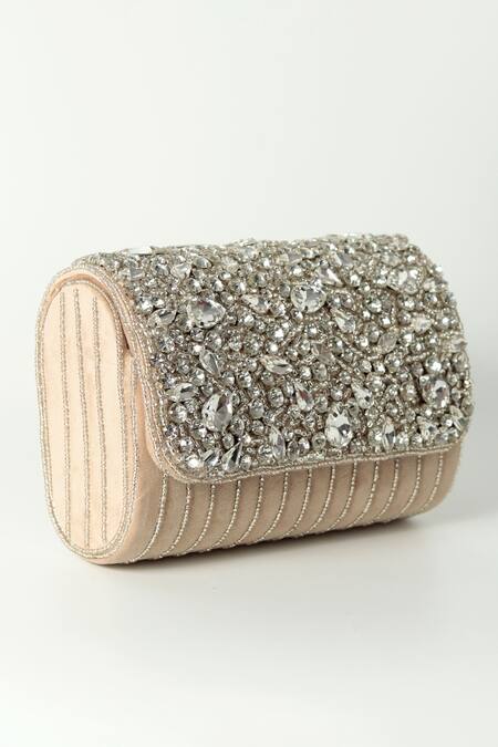 Shop The Tan Clan Beige Crystals Grace Encrusted Flap Clutch Bag Online at Aza Fashions Shop_The Tan Clan_Beige Crystals Grace Encrusted Flap Clutch Bag _Online_at_Aza_Fashions