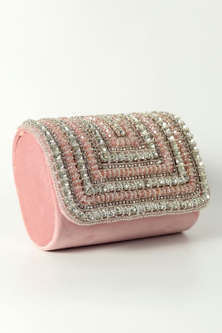 Buy_The Tan Clan_Pink Crystals, Beads Nysa Glass Encrusted Flap Clutch Bag _Online_at_Aza_Fashions