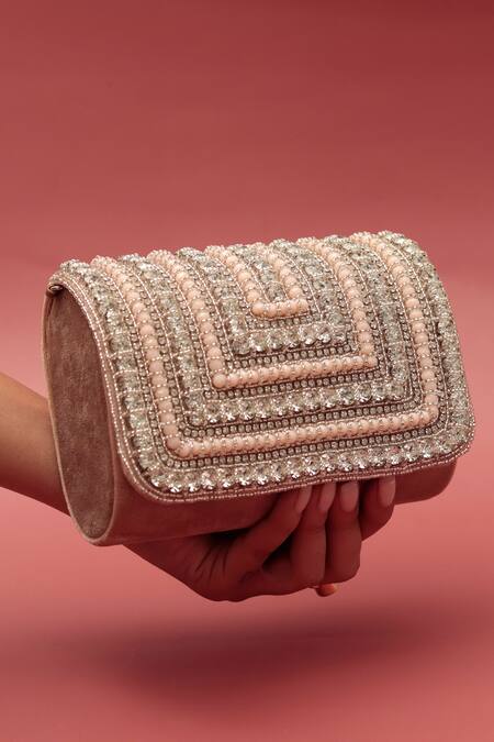 The Tan Clan_Pink Crystals, Beads Nysa Glass Encrusted Flap Clutch Bag _at_Aza_Fashions