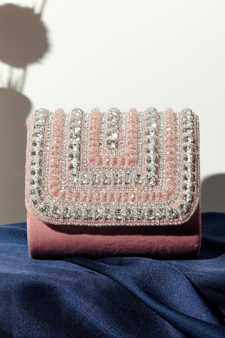 Shop The Tan Clan Pink Crystals, Beads Nysa Encrusted Mini Flap Clutch Bag at Aza Fashions Shop_The Tan Clan_Pink Crystals, Beads Nysa Encrusted Mini Flap Clutch Bag _at_Aza_Fashions