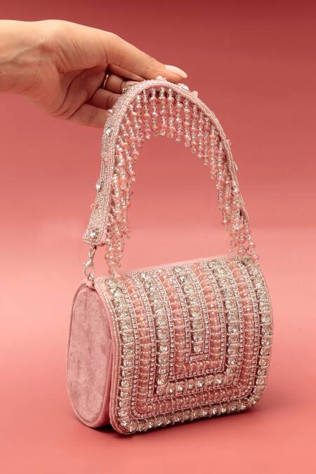 The Tan Clan Pink Crystals, Beads Nysa Encrusted Mini Flap Clutch Bag at Aza Fashions The Tan Clan_Pink Crystals, Beads Nysa Encrusted Mini Flap Clutch Bag _at_Aza_Fashions