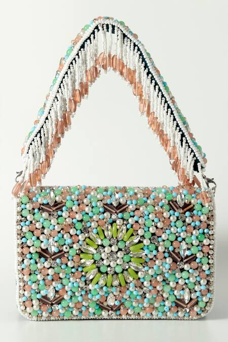 THE TAN CLAN Blue Crystals Rainbow Beads Embellished Flap Clutch Bag
