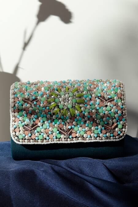 The Tan Clan Blue Crystals Rainbow Beads Embellished Flap Clutch Bag Online at Aza Fashions The Tan Clan_Blue Crystals Rainbow Beads Embellished Flap Clutch Bag _Online_at_Aza_Fashions