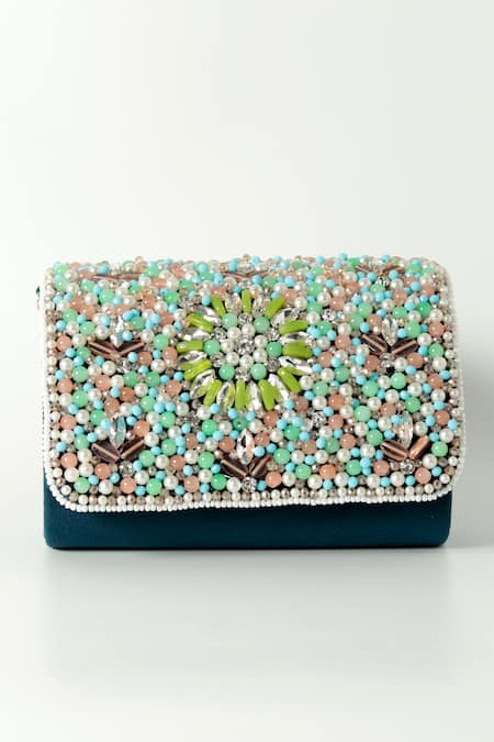 Shop The Tan Clan Blue Crystals Rainbow Beads Embellished Flap Clutch Bag at Aza Fashions Shop_The Tan Clan_Blue Crystals Rainbow Beads Embellished Flap Clutch Bag _at_Aza_Fashions