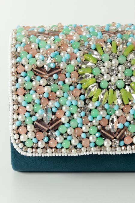 Shop The Tan Clan Blue Crystals Rainbow Beads Embellished Flap Clutch Bag Online at Aza Fashions Shop_The Tan Clan_Blue Crystals Rainbow Beads Embellished Flap Clutch Bag _Online_at_Aza_Fashions