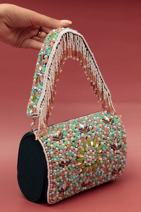 The Tan Clan Blue Crystals Rainbow Beads Embellished Flap Clutch Bag at Aza Fashions The Tan Clan_Blue Crystals Rainbow Beads Embellished Flap Clutch Bag _at_Aza_Fashions