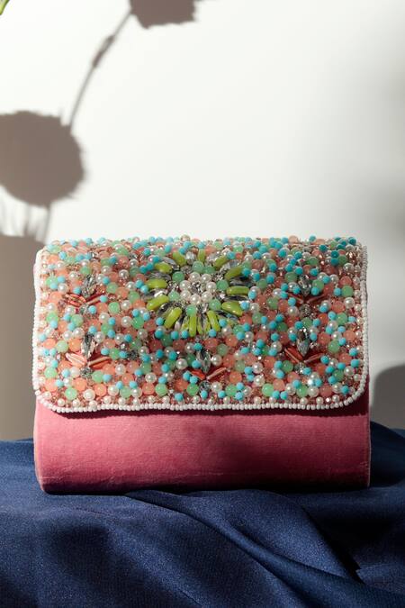 The Tan Clan Pink Crystals Floret Beads Embellished Flap Clutch Bag Online at Aza Fashions The Tan Clan_Pink Crystals Floret Beads Embellished Flap Clutch Bag _Online_at_Aza_Fashions