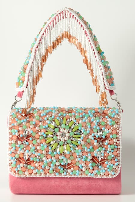 Shop The Tan Clan Pink Crystals Floret Beads Embellished Flap Clutch Bag at Aza Fashions Shop_The Tan Clan_Pink Crystals Floret Beads Embellished Flap Clutch Bag _at_Aza_Fashions