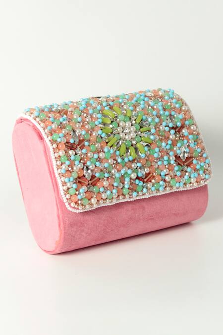 Buy The Tan Clan Pink Crystals Floret Beads Embellished Flap Clutch Bag Online at Aza Fashions Buy_The Tan Clan_Pink Crystals Floret Beads Embellished Flap Clutch Bag _Online_at_Aza_Fashions