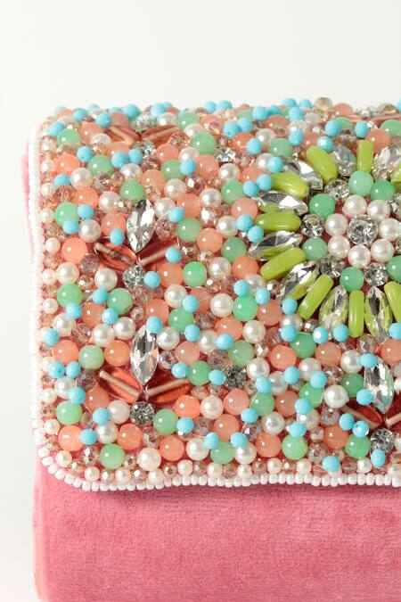 Shop The Tan Clan Pink Crystals Floret Beads Embellished Flap Clutch Bag Online at Aza Fashions Shop_The Tan Clan_Pink Crystals Floret Beads Embellished Flap Clutch Bag _Online_at_Aza_Fashions