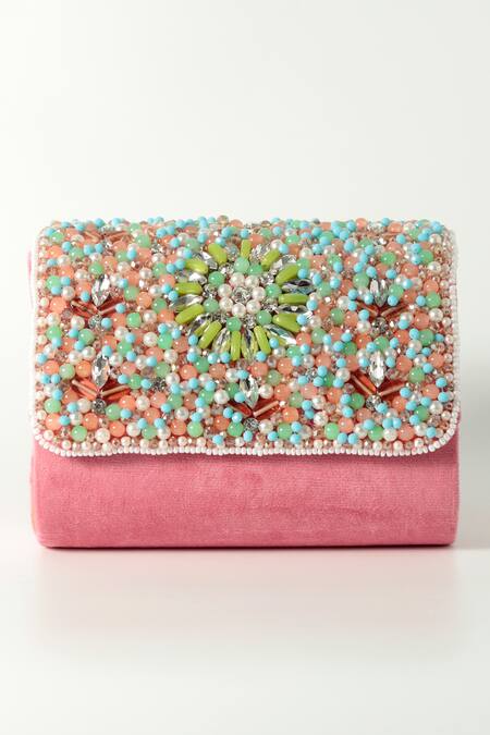 The Tan Clan Pink Crystals Floret Beads Embellished Flap Clutch Bag at Aza Fashions The Tan Clan_Pink Crystals Floret Beads Embellished Flap Clutch Bag _at_Aza_Fashions