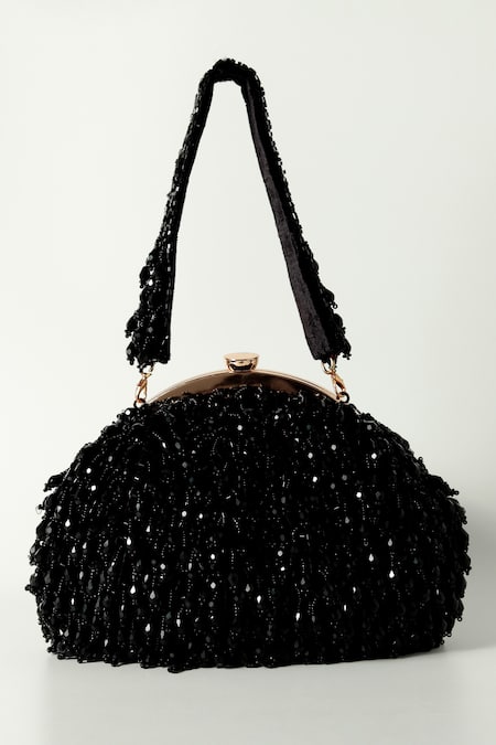 THE TAN CLAN Black Crystals Rosa Fringe Embellished Potli Bag